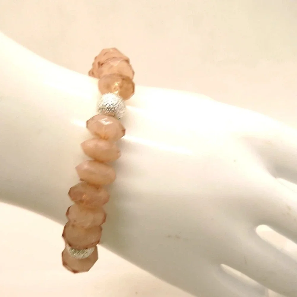 Beaded Stretch Bracelet‎ Faceted Light Pink Peach Silver Tone Beads